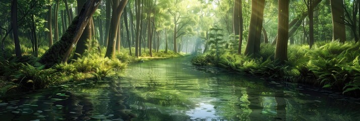 Obraz premium A serene river winds through a lush woodland, reflecting the gentle sunlight filtering through the tall trees. The calm water displays a smooth surface that echoes the vibrant foliage surrounding it.