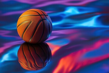 Fototapeta premium Shiny rubber surface of basketball placed on vibrant background in studio in blue light with generative ai