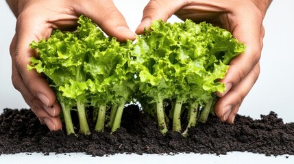 Two hands holding a bunch of fresh green lettuce with roots in rich, dark soil against a white background, depicting organic gardening or healthy eating.