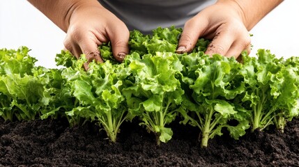 Fototapeta premium A person's hands are tending to lettuce plants growing in rich, dark soil, indicating a scene of gardening or farming activity.