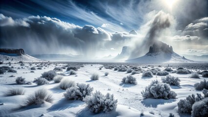 Obraz premium Serene winter wonderland with snow-capped mountains, icy peaks basking in sunlight against a cloudy sky