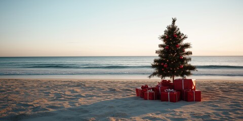A decorated Christmas tree and presents on the beach in Australia