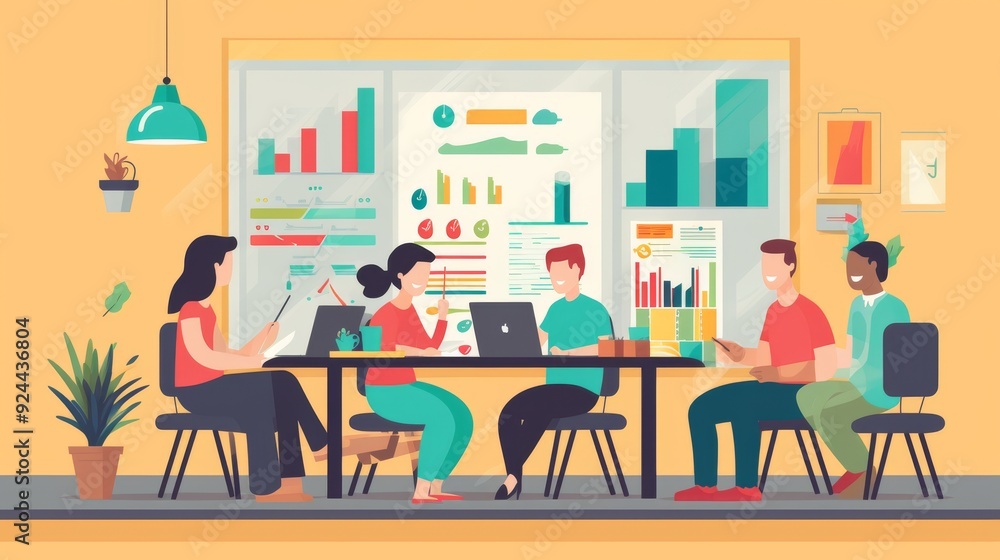 Poster a group of people are sitting around a table in a room with a lot of graphs
