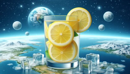 realistic image of lemon juice with lemon pieces inside with north pole background - 1
