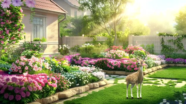 Beautiful Garden with Deer in Morning Light. Seamless looping time-lapse 4k video animation background