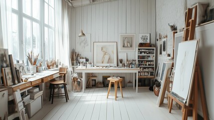 interior of a room, painter's studio designed with a white and wood interior, watercolor artist, hobby, art