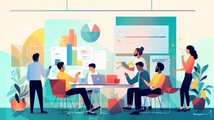 A group of people are sitting around a table with a lot of graphs