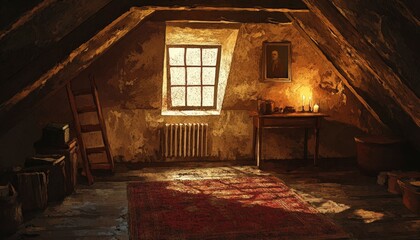 A Dusty Attic with a Single Window, a Table, and a Ladder