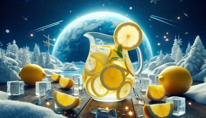 realistic image of lemon juice with lemon pieces inside with north pole background 
