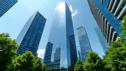 Obraz premium Green city - double exposure of lush green forest and modern skyscrapers windows