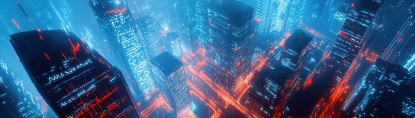 Fototapeta premium A futuristic city where the stock market is visualized as veins of light flowing through the buildings, ultrarealistic