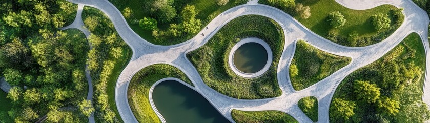 An urban park with pathways and water features resembling the pattern of veins, realistic aerial view
