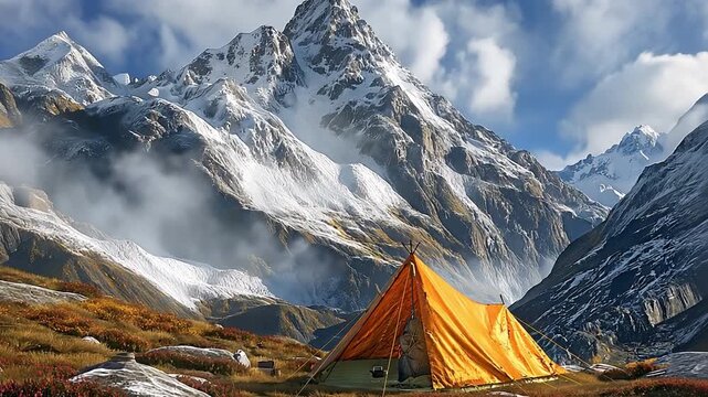 marching across the mountains while camping,