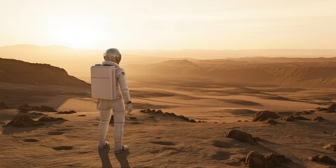 A lone astronaut wearing a mars space suit with his back to us surveys the expansive landscape of Valles Marineris on Mars