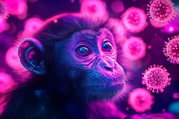 monkey animal with microscopic image of monkey pox virus