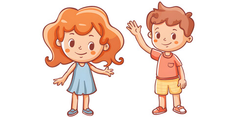 Naklejka premium A charming artwork depicts a sweet scene of a redhaired girl in a blue dress and a brownhaired boy