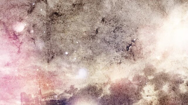 Collage of moving main landmarks of Paris on old grunge paper with time lapse of sky with clouds and slow motion of flying dust. Sacre Coeur, Notre Dame and Eiffel Tower. 4k creative video animation.