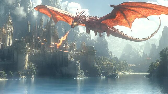 Large dragon flying over a grand castle with mountains in the background. Seamless loop video background