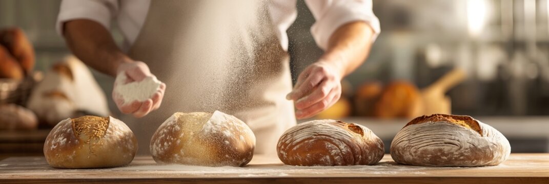 A baker in a kitchen dusting flour on top of several loaves of freshly baked artisanal bread, showcasing the bread-making process.