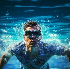Fototapeta premium Athletic Endeavor: The Graceful Strokes of a Swimmer in Goggles Cutting Through the Aqua Blue Water, Embracing the Spirit of Sportsmanship and Aquatic Motion