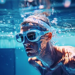 Naklejka premium Athletic Endeavor: The Graceful Strokes of a Swimmer in Goggles Cutting Through the Aqua Blue Water, Embracing the Spirit of Sportsmanship and Aquatic Motion