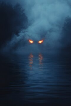 Glowing Eyes in the Fog Above a Dark Body of Water