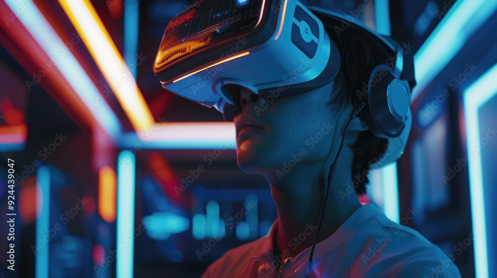 Poster man immersed in virtual reality with advanced headset.