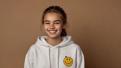 Portrait of nice pleasant looking cheerful woman laughs happily has broad smile 