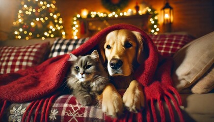 Dog and cat snuggled together under a red blanket on a festive couch with Christmas lights and decorations in the background. Cozy holiday scene.
