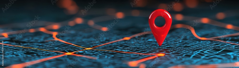 Poster a vibrant close-up of a red location pin on a digital map, symbolizing navigation and direction in c