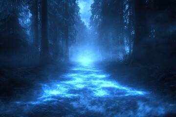 A Mystical Path Through a Foggy Forest with Glowing Blue Mist