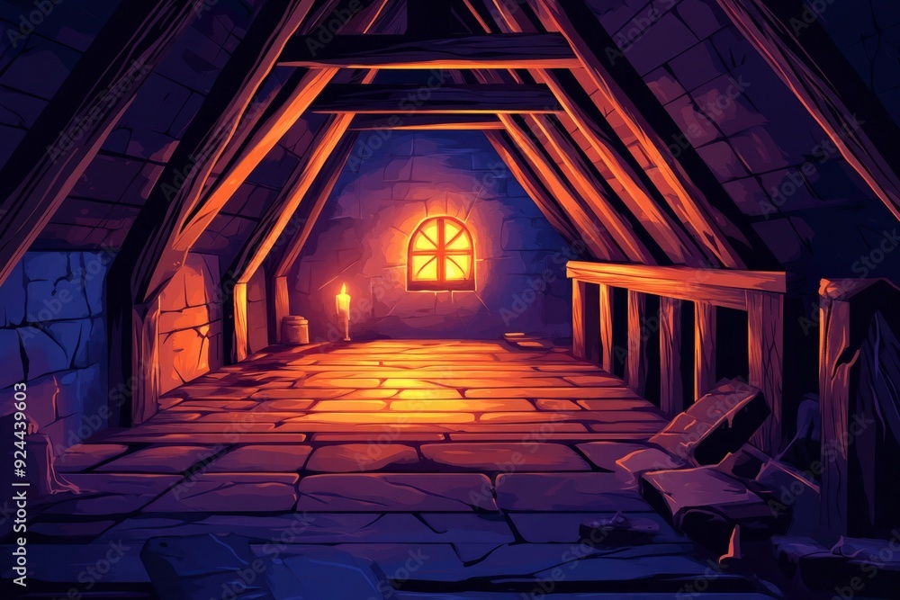 Poster a dimly lit attic with a small window and a candle on the floor