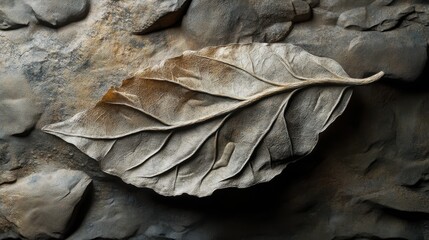 A realistic rendering of a fossilized leaf, with veins that have partially disintegrated into the rock