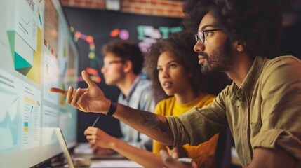 Coworkers brainstorm together in a conference room Through the glass in a modern conference room