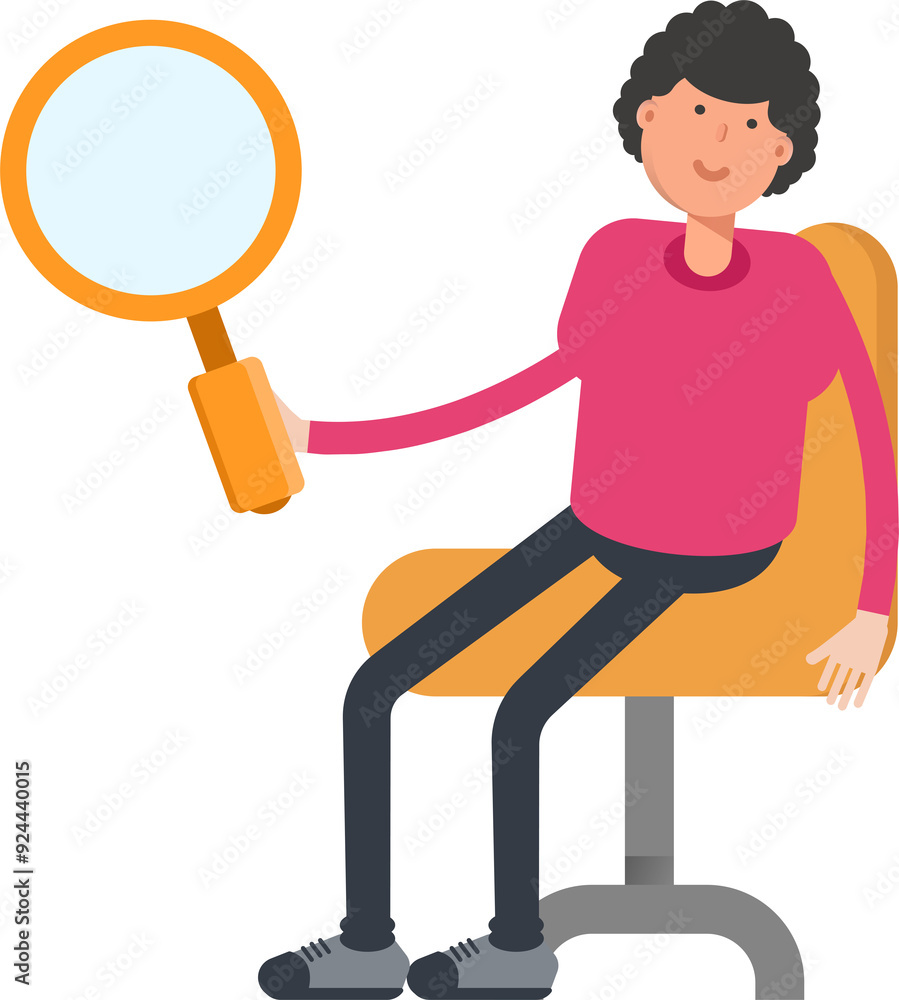 Sticker man character sitting and holding magnifier