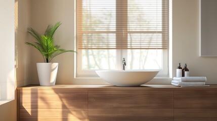Fototapeta premium Modern bathroom with wooden cabinets and counter top, white potted plants by the window.