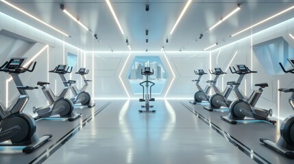 Fototapeta premium Modern Futuristic Gym Interior Design with City View