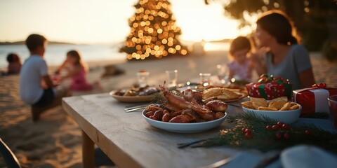 A family celebrating Christmas in the Australian summer.  on the beach - Powered by Adobe