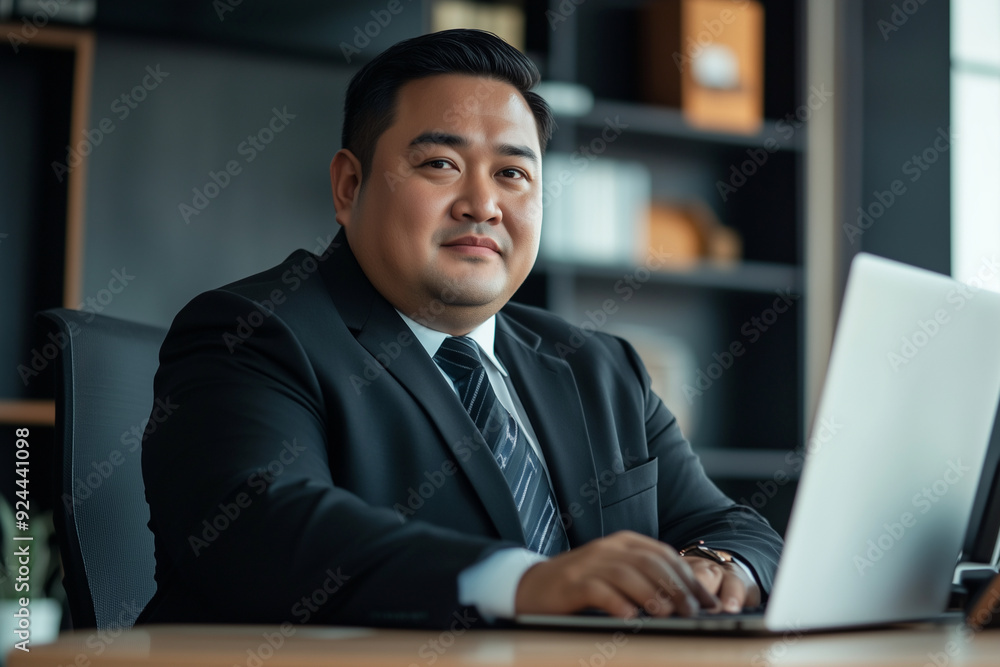 Poster asian man in a suit is sitting at a desk with a laptop in front of him. he is smiling and he is happ