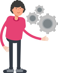 Man Character Holding Gears
