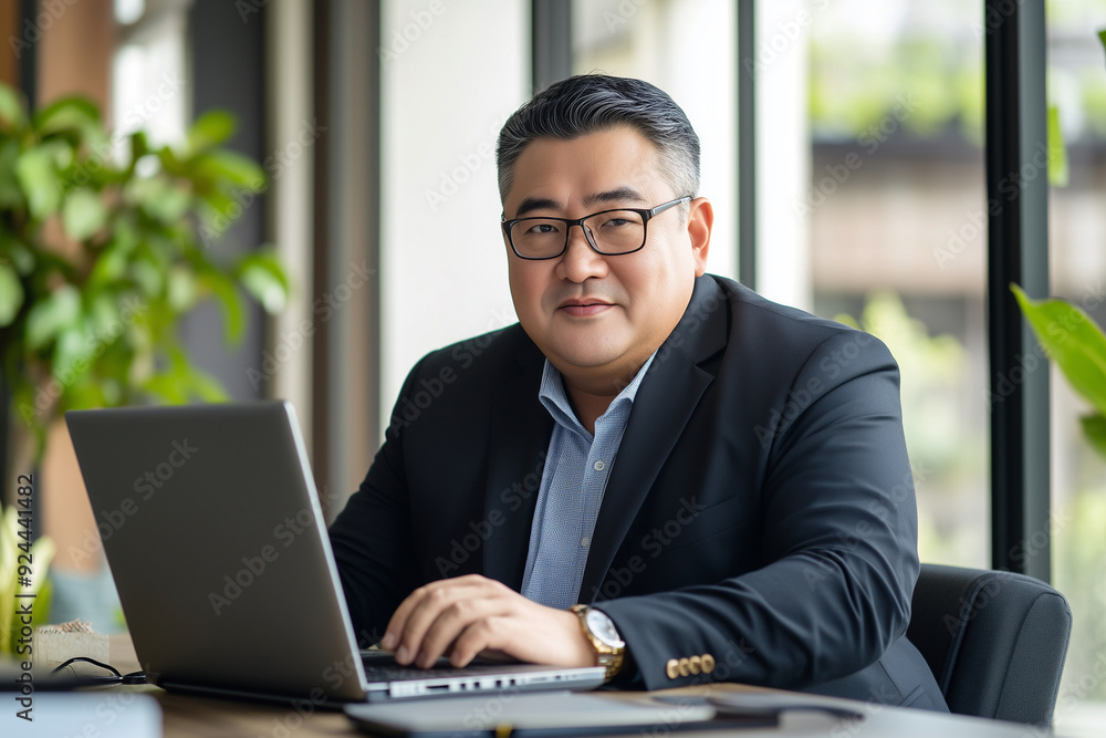 Poster asian man in a suit is sitting at a desk with a laptop in front of him. he is smiling and he is happ