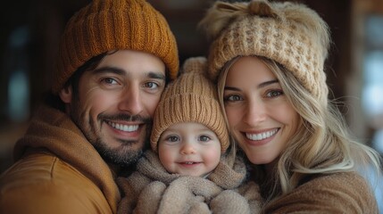 Obraz premium young family on winter holiday outdoors in snowy nature with small child happy