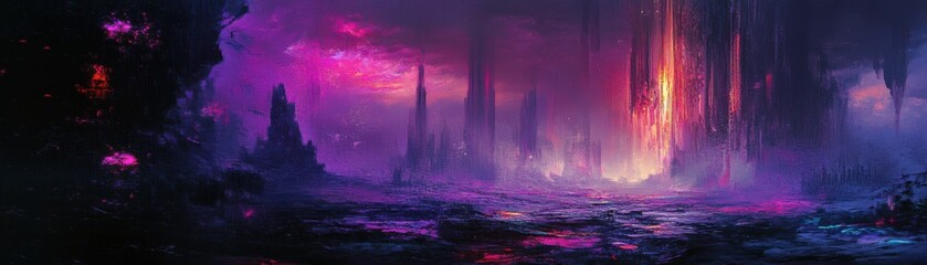 Obraz premium A digital painting of a virtual landscape where the veins of energy are fragmenting into glitchy pixels