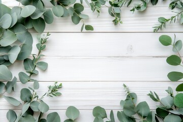 Wooden background with eucalyptus leaves, botanical frame on white wood
