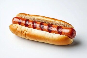 A close-up view of a grilled hotdog with char marks placed inside a soft, fresh bun, presented on a plain white background for a delicious and simple presentation.