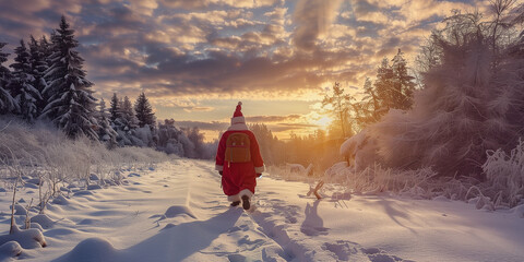 Der Nikolaus läuft in einer Schneelandschaft und bringt in seinem grossen Sack die Geschenke.