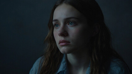 Fototapeta premium A melancholic portrait of a solitary figure, lost in thought, with a subtle glow of a dimly lit background, evoking a sense of introspection and longing