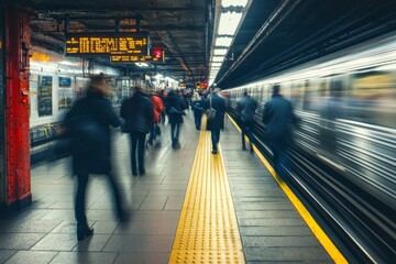 Photograph of urban commuters navigating a busy city street or subway station. Capture the dynamic movement and diversity of people as they go about their daily routines. 