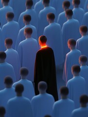 Fototapeta premium A person in a dark cloak stands illuminated in a crowd of similarly dressed blue-clad figures, creating a sense of identity and uniqueness amidst uniformity.