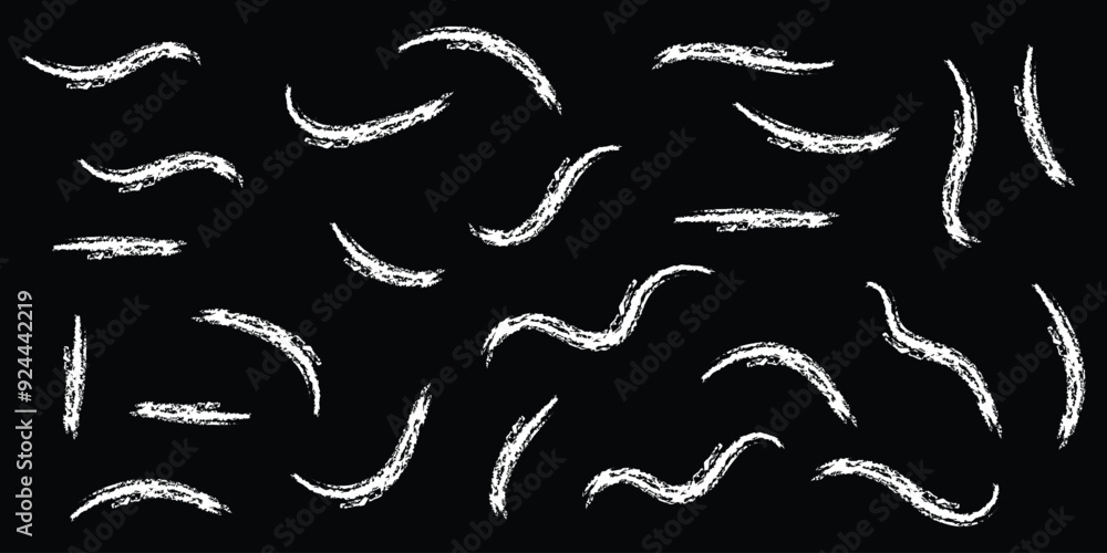 Poster set of different white brush line art on dark vector graphics.